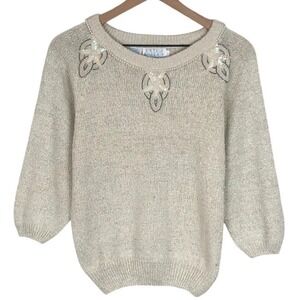 VTG 80s EXTRA ENERGY Silk Angora Metallic Embellished Sweater Women's Sz L Ivory